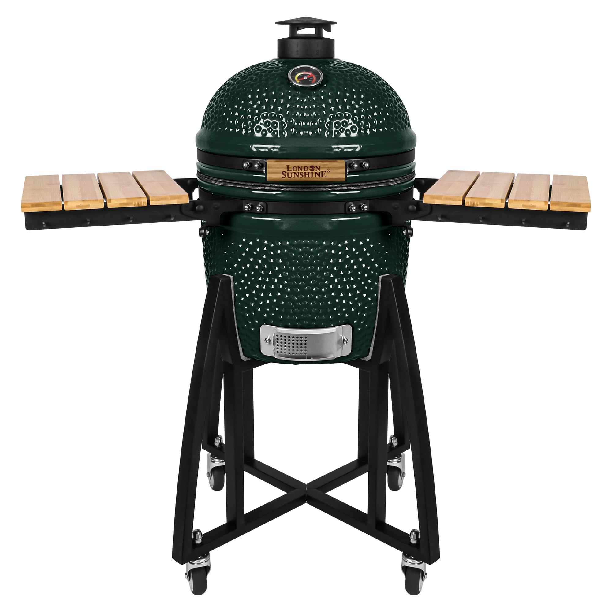 15-inch Ceramic Kamado Charcoal BBQ Grill & Smoker with Locking Casters, Foldable Side Shelves, Stainless Steel Grates, and Tall Stand