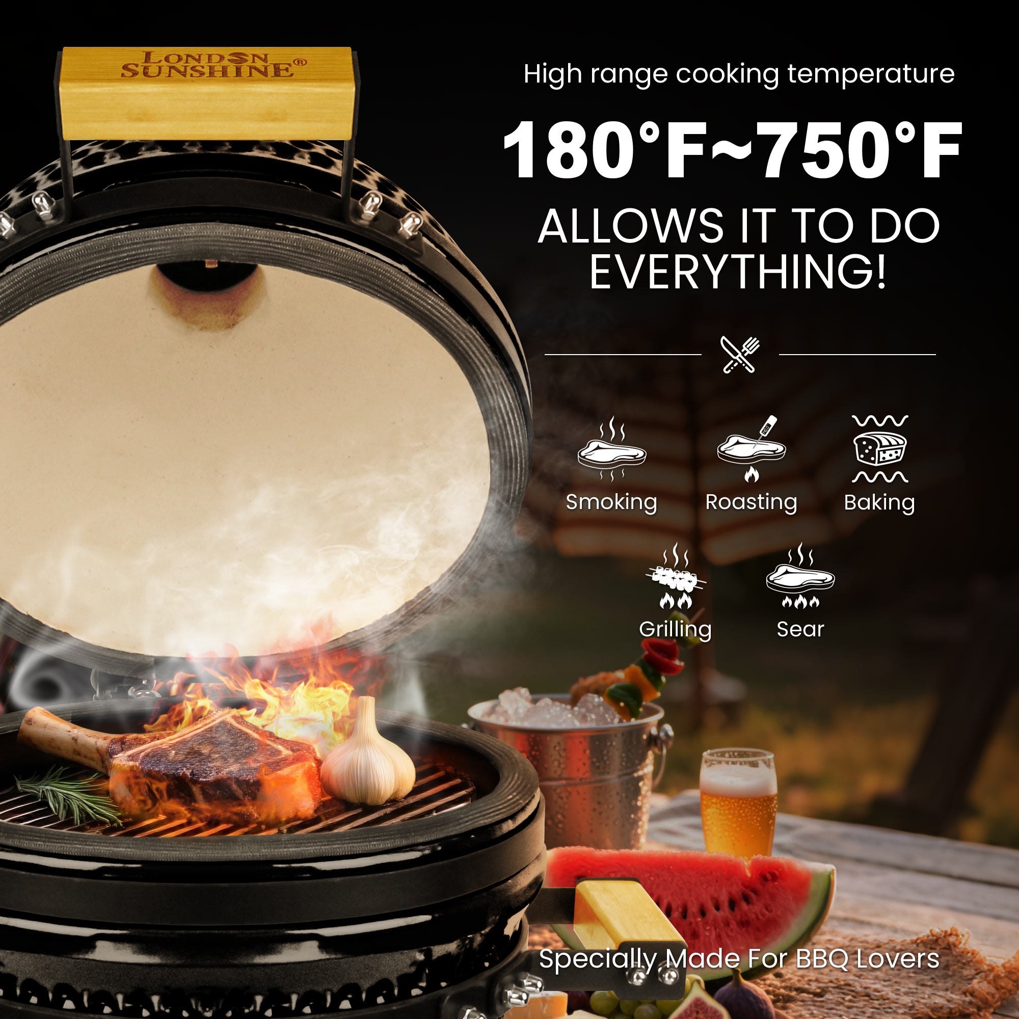 Upgraded 13 inch Ceramic Kamado Grill with Waterproof Air Vent Cap | Portable Tabletop Charcoal BBQ Grill Smoker for Outdoor Cooking, Patio, Camping