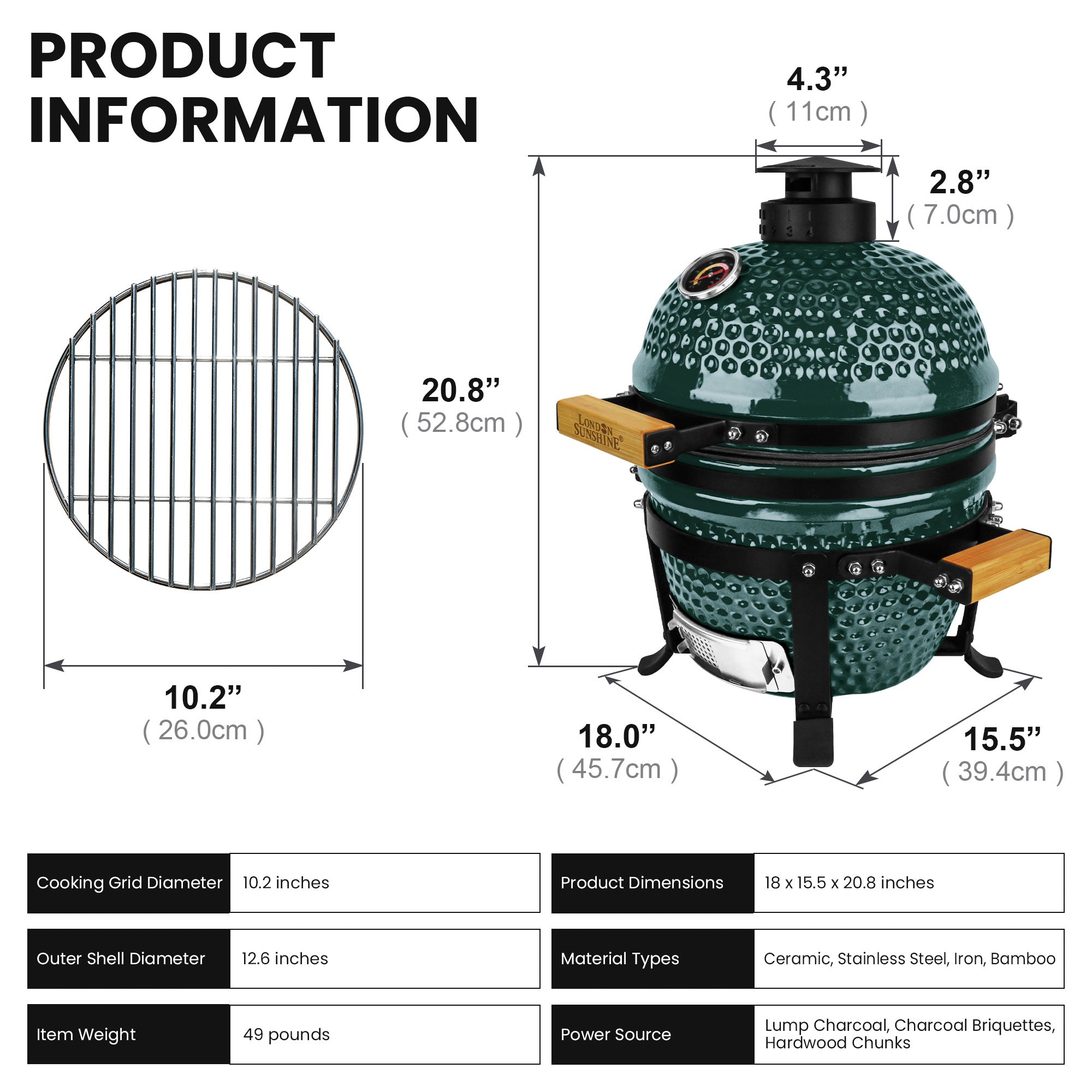 Upgraded 13 inch Ceramic Kamado Grill with Waterproof Air Vent Cap | Portable Tabletop Charcoal BBQ Grill Smoker for Outdoor Cooking, Patio, Camping