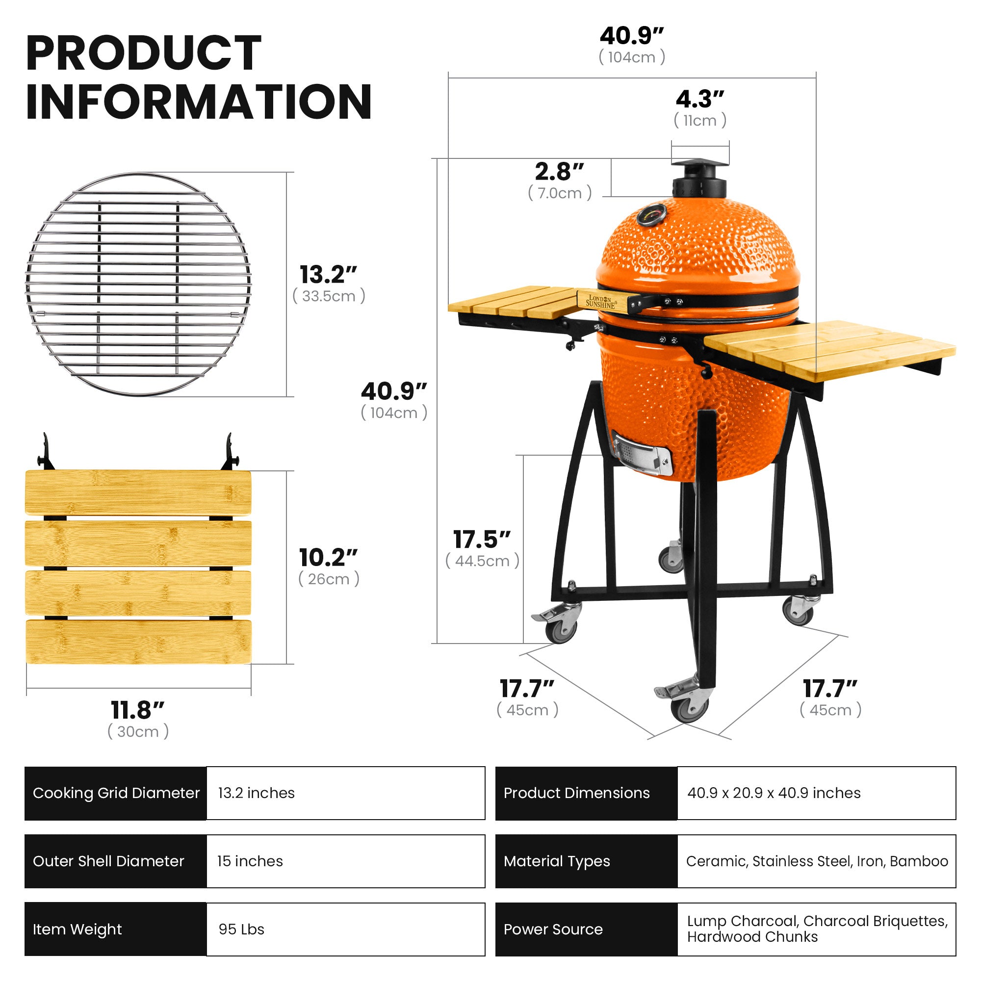 London Sunshine Kamado - The Junior Pro Series with Locking Casters, Foldable Side Shelves, Stainless Steel Grates, and Tall Stand